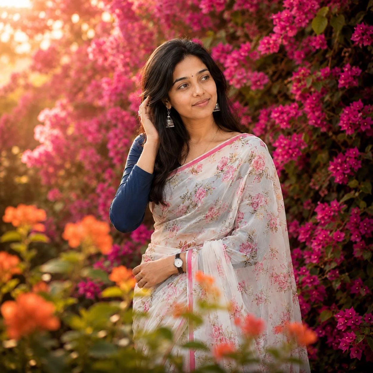 Bougainvillea Garden Saree Portrait on PromptGalaxy — AI prompt
