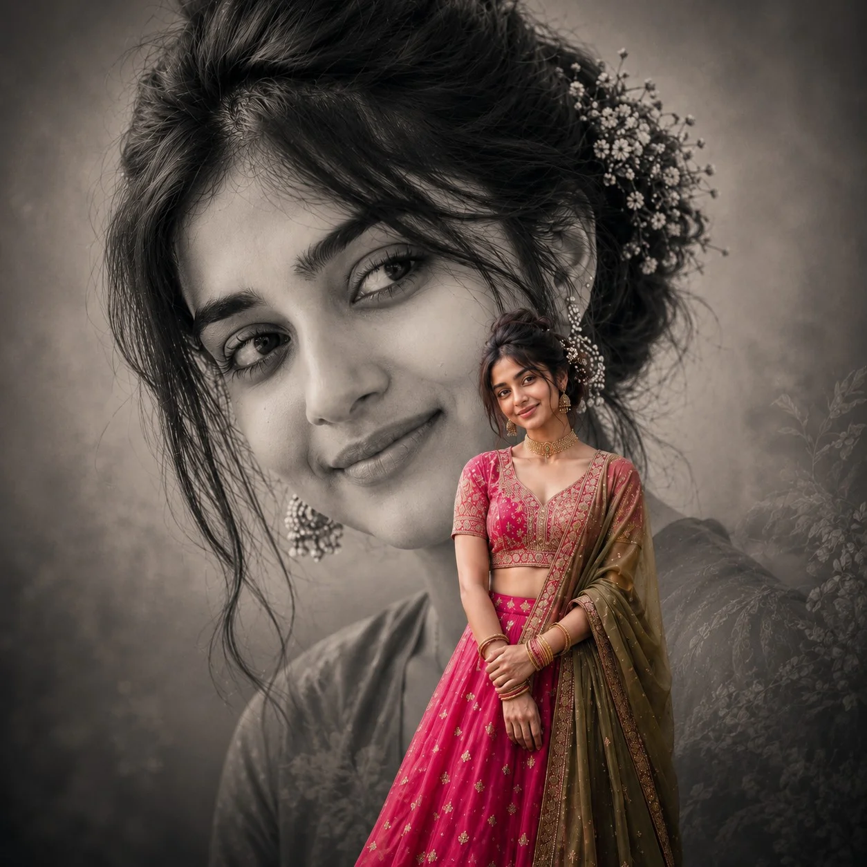 Hot Pink Lehenga Double Exposure Portrait on PromptGalaxy — AI prompt