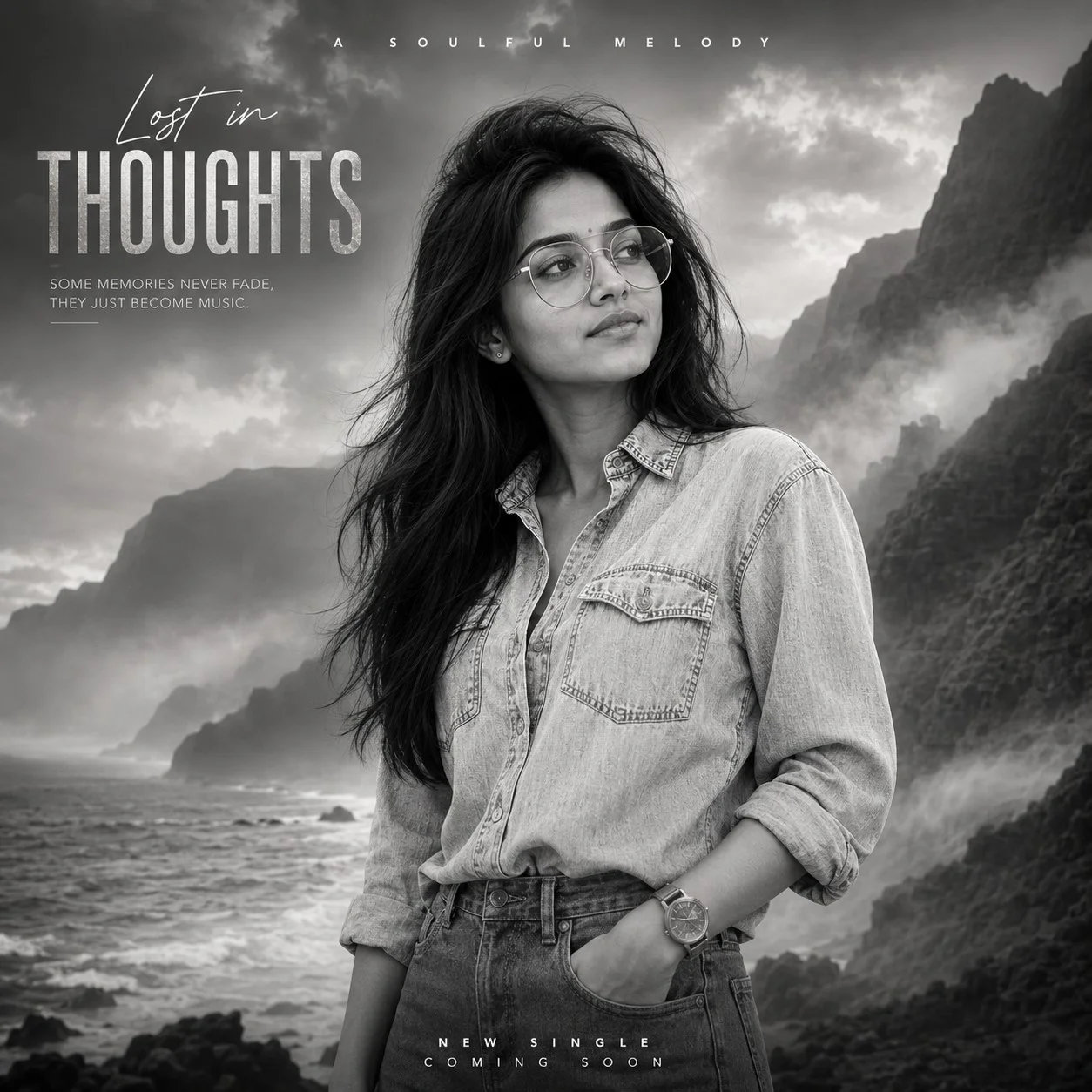 Monochrome Ocean Music Poster Portrait on PromptGalaxy — AI prompt