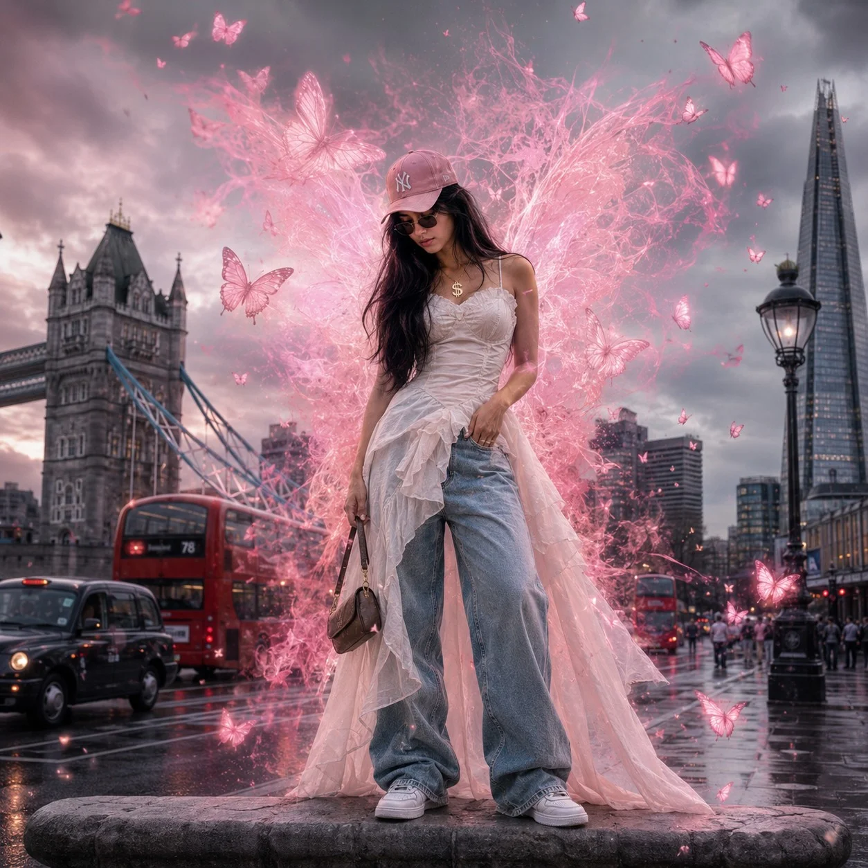 Pink Butterfly London Fashion Fantasy Portrait PromptGalaxy — AI prompt