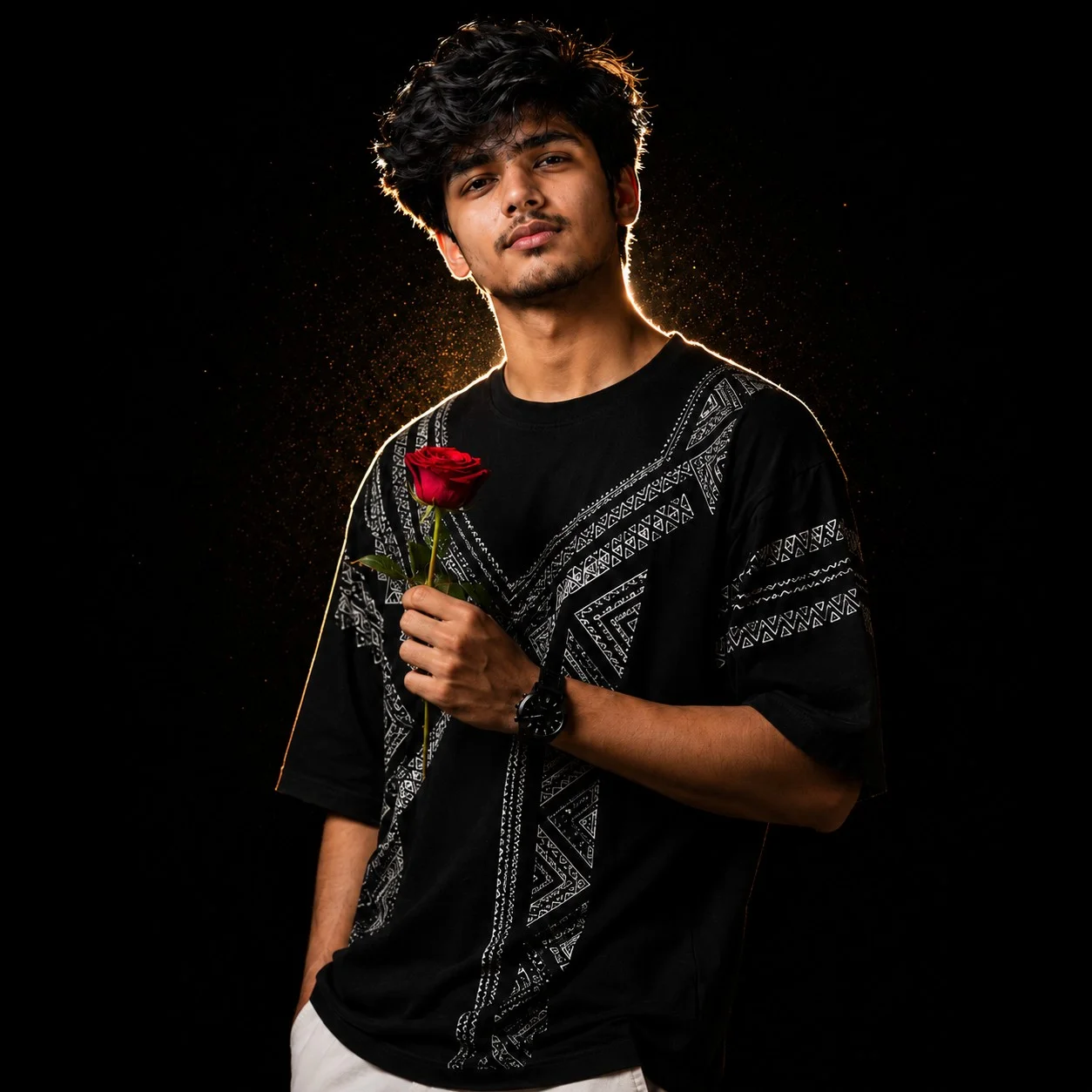 Red Rose Night Portrait of Stylish Pakistani Man on PromptGalaxy — AI prompt